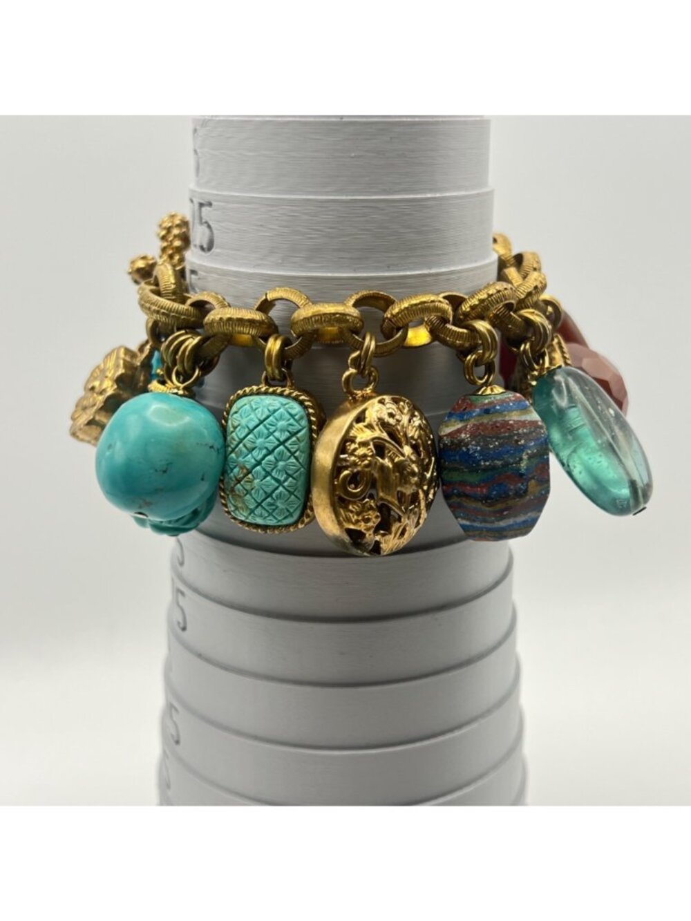 Stephen Dweck Charm Bracelet Vintage Bronze Turquoise Carnelian Gemstone - Picture 13 of 16